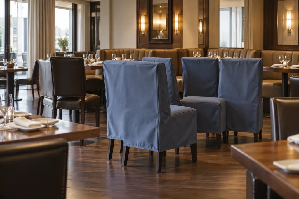 Restaurant chairs under protective covers while repairs are planned