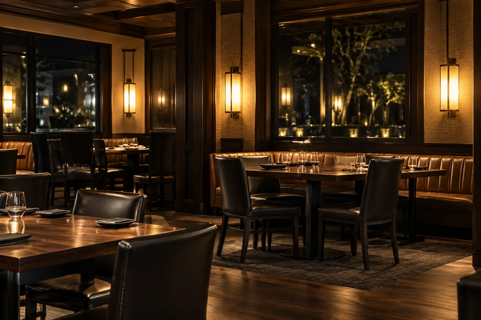 Closed restaurant dining room at night before an after-hours repair visit