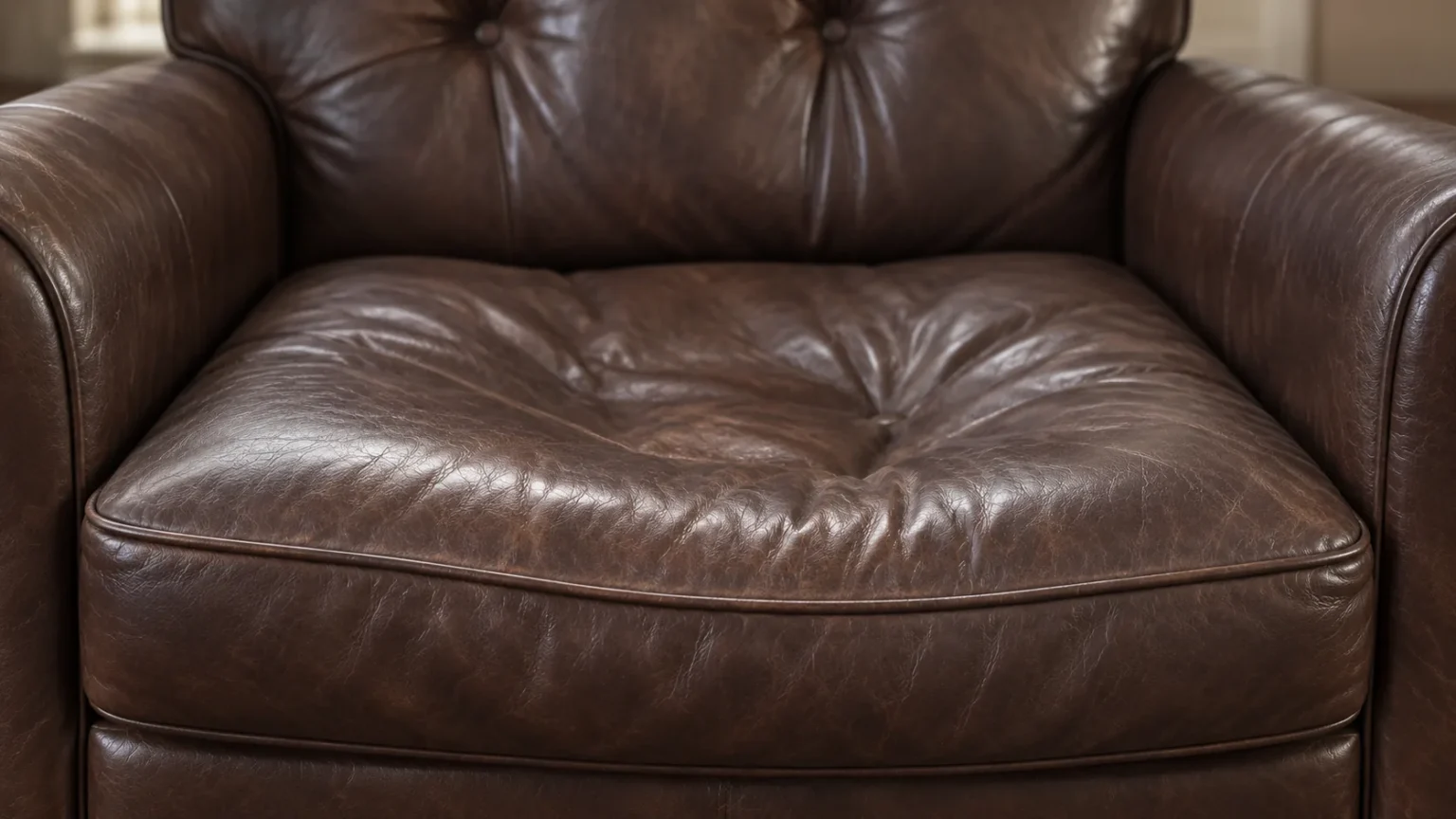 Brown leather seat sunk where the support failed