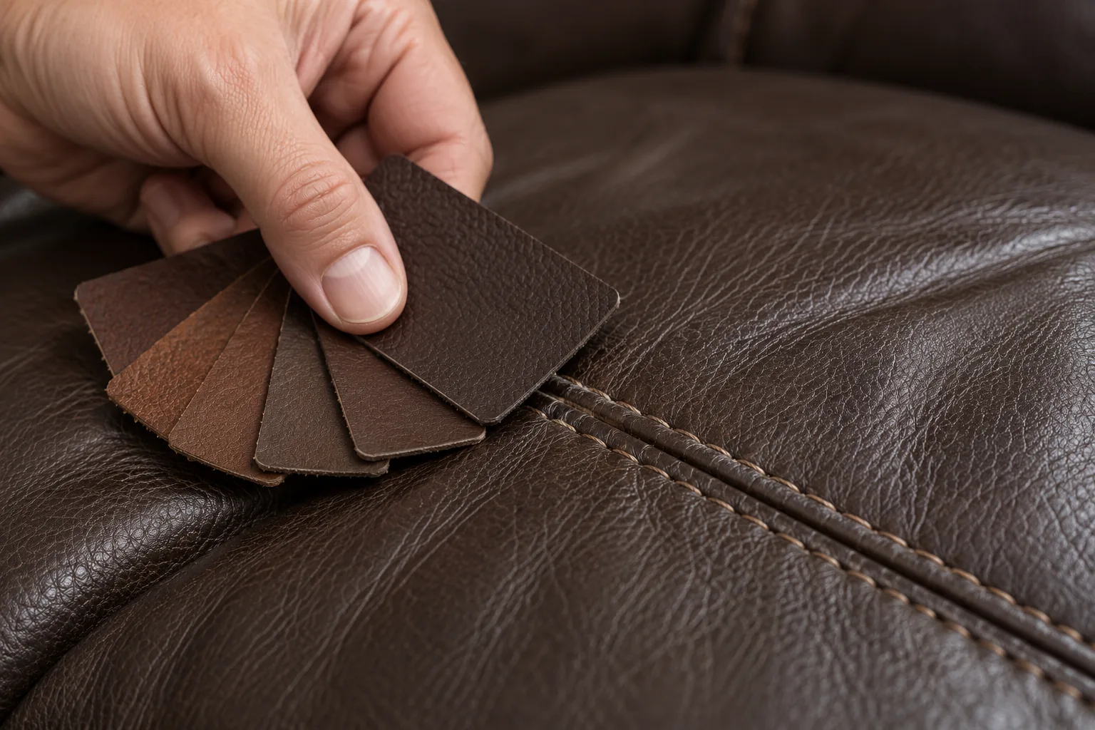Brown leather swatches held against the stitched seat panel they have to match