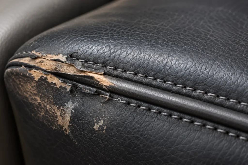 Cracked and flaking finish along a black leather seam