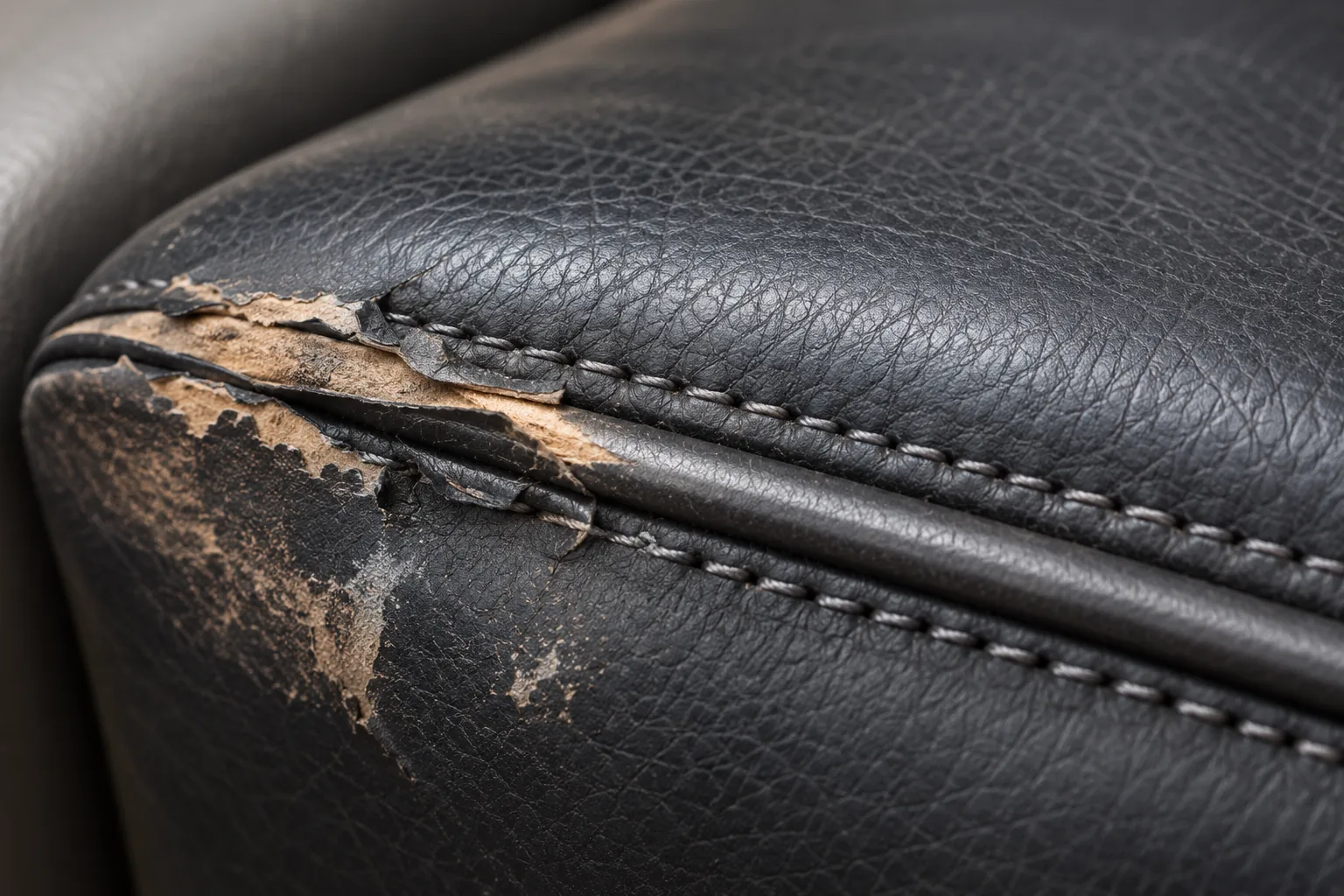 A leather seam cracked and peeling open along the stitch line