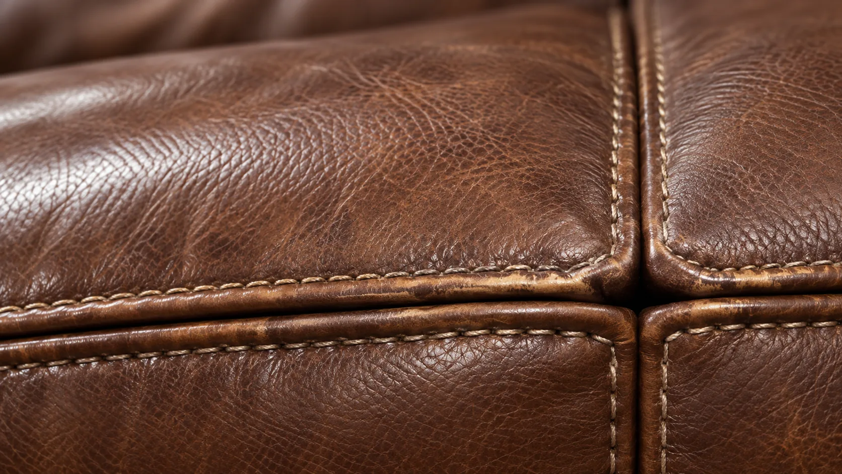 Welted seams on brown leather cushions