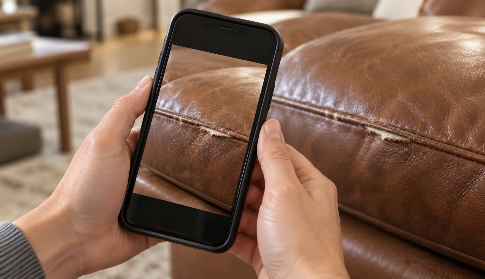 Customer photographing a split seam on a sofa