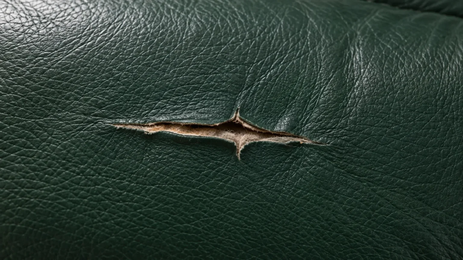 Cut through green leather upholstery