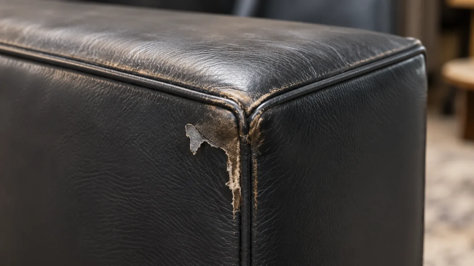 Corner of a black leather piece torn by an impact