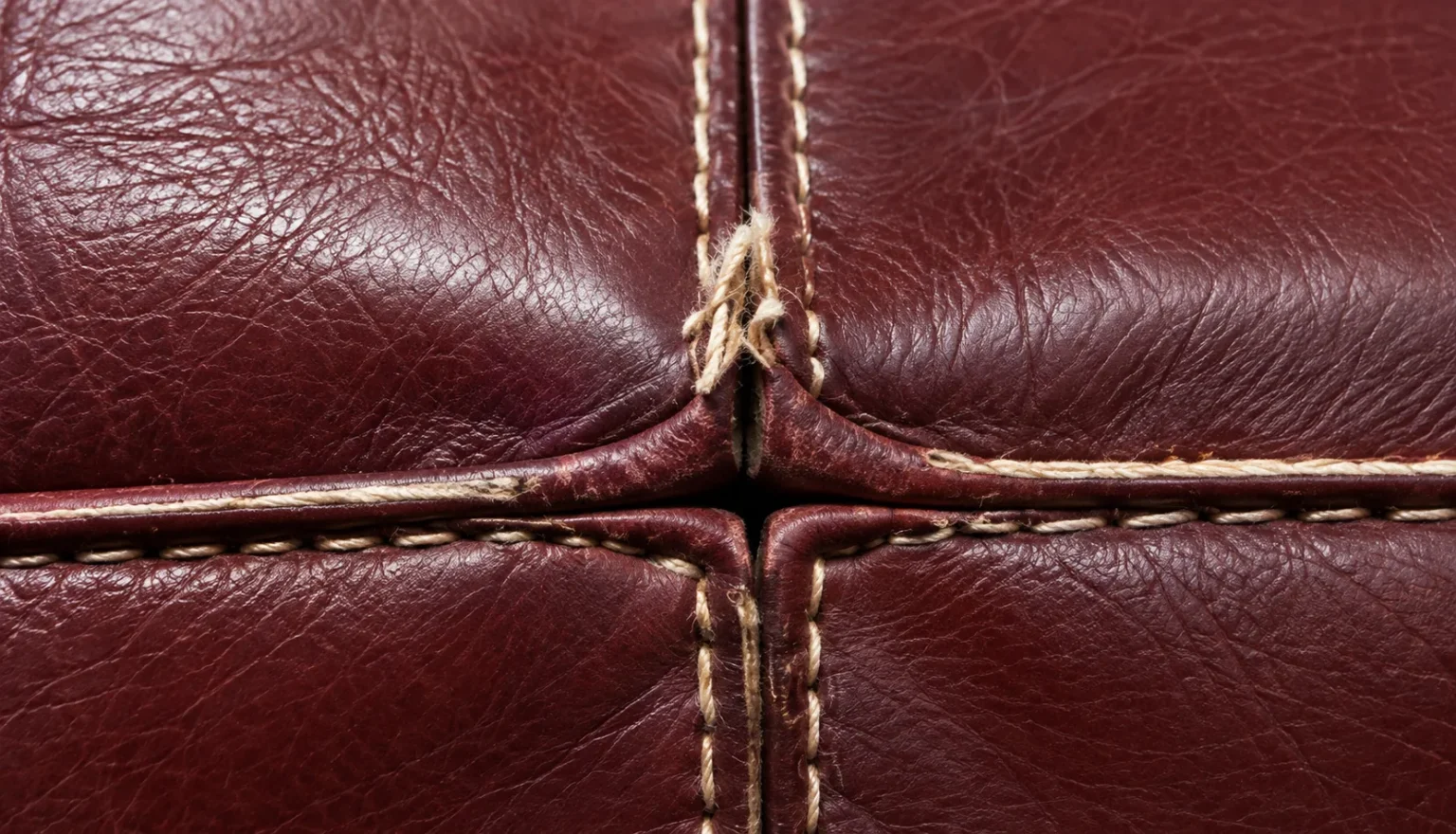 Seam pulled open on an oxblood leather booth