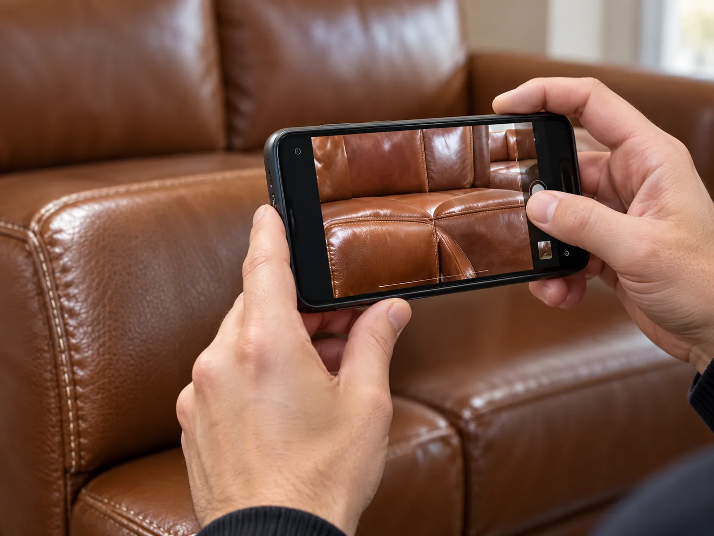 Phone photo taken of a leather sofa arm