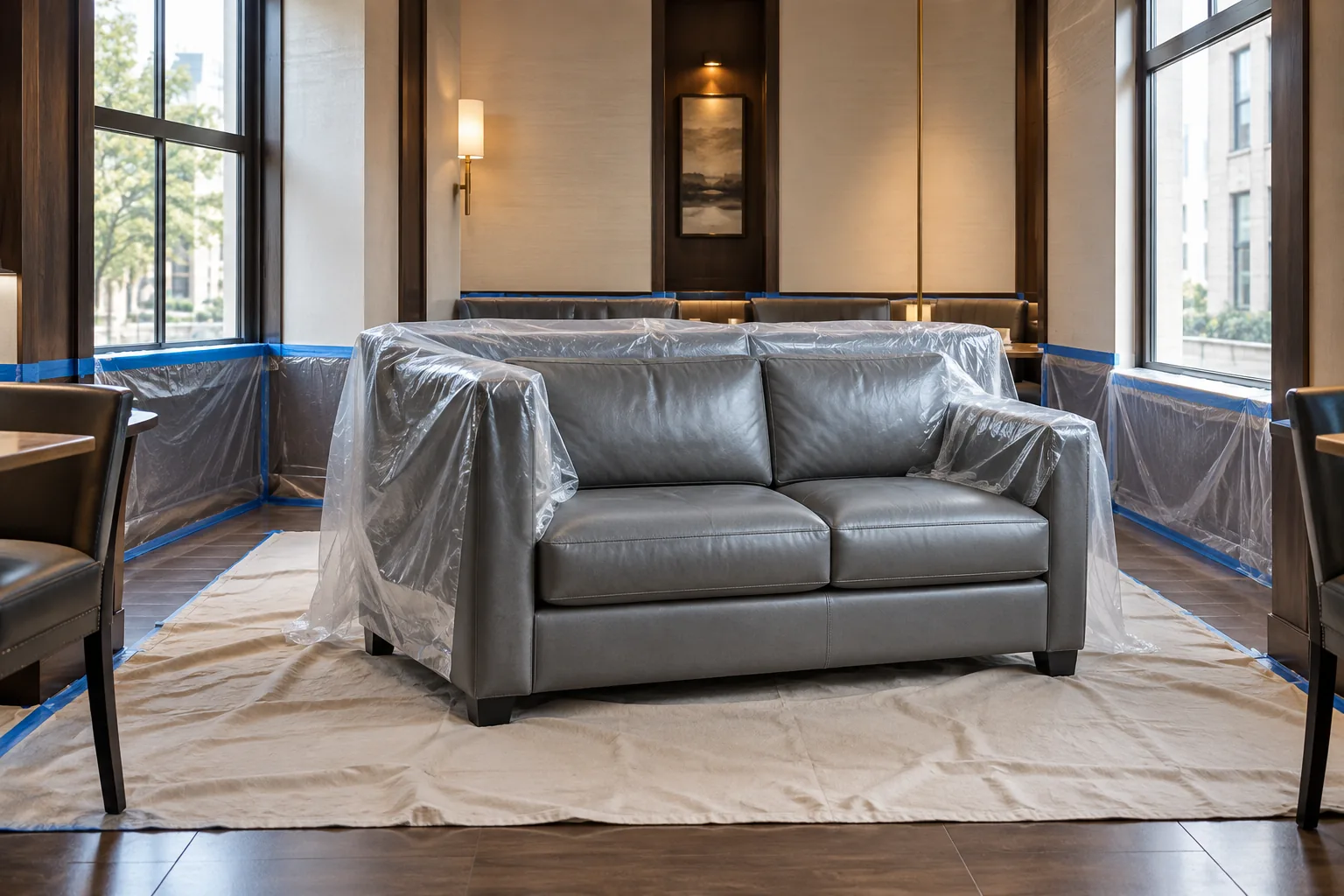 Lobby sofa with the floor covered and the work area taped off
