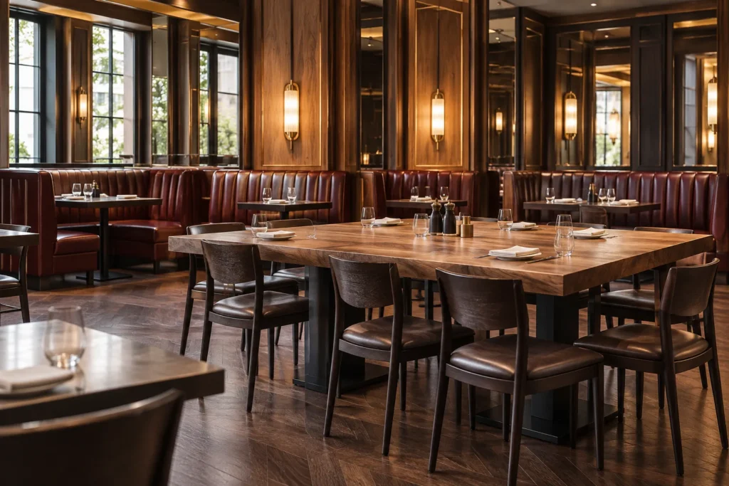 Restaurant dining room set for evening service