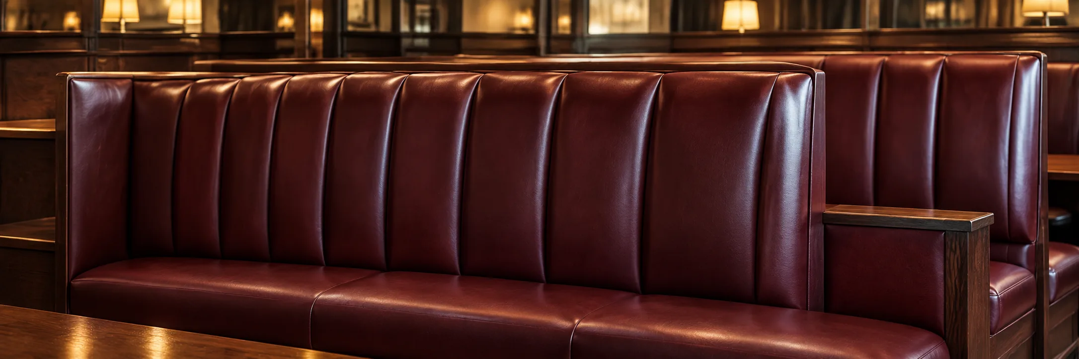 Red channel-tufted booths and banquettes in a restaurant