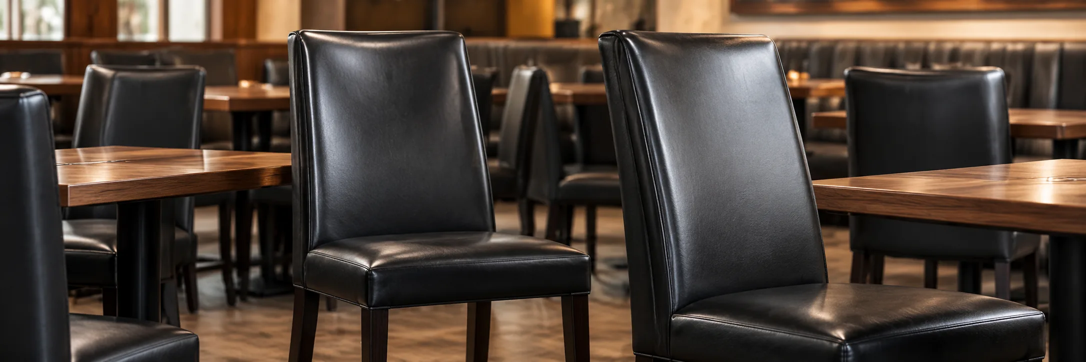 Row of black leather restaurant dining chairs