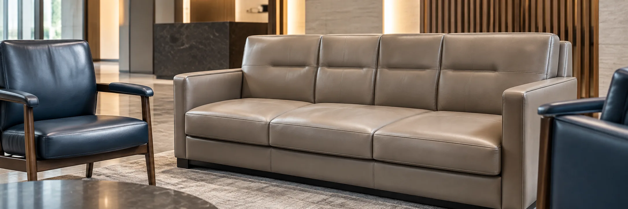 Taupe lobby sofa with navy armchairs