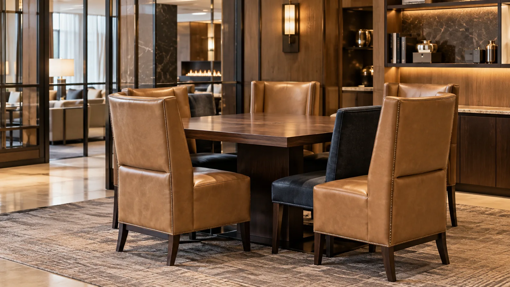 Tan wingback dining chairs in a hotel restaurant