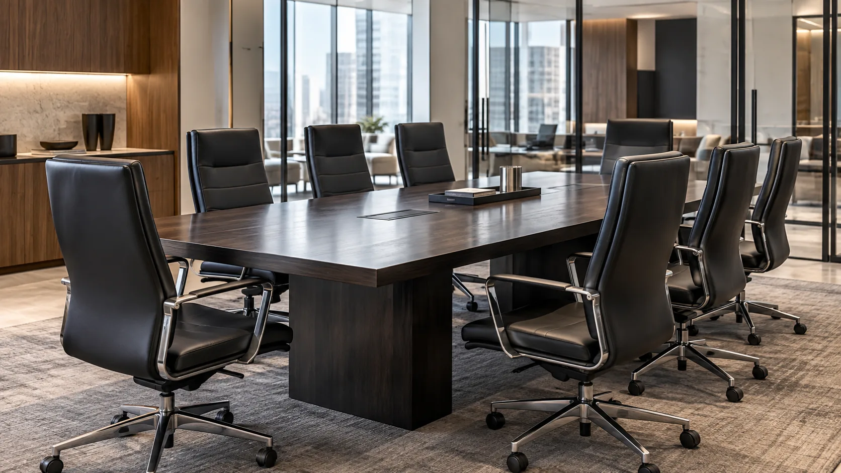 Black leather chairs around an office conference table