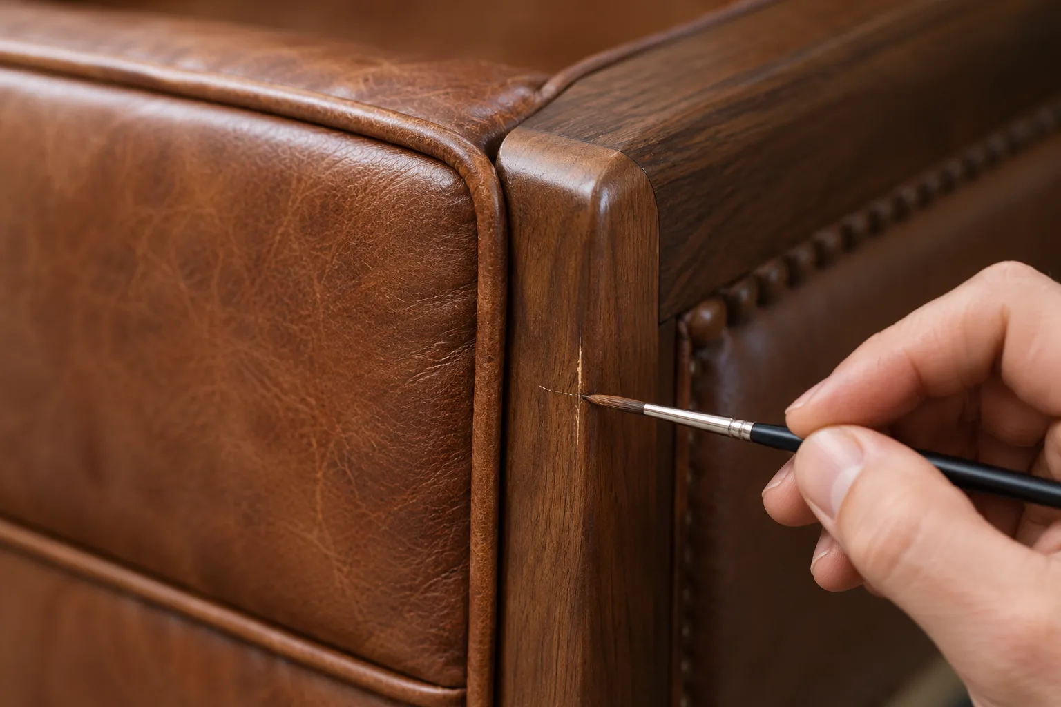 Brush touching up a wood frame edge