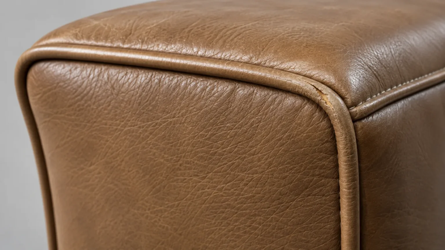 Piping worn through on a tan leather edge