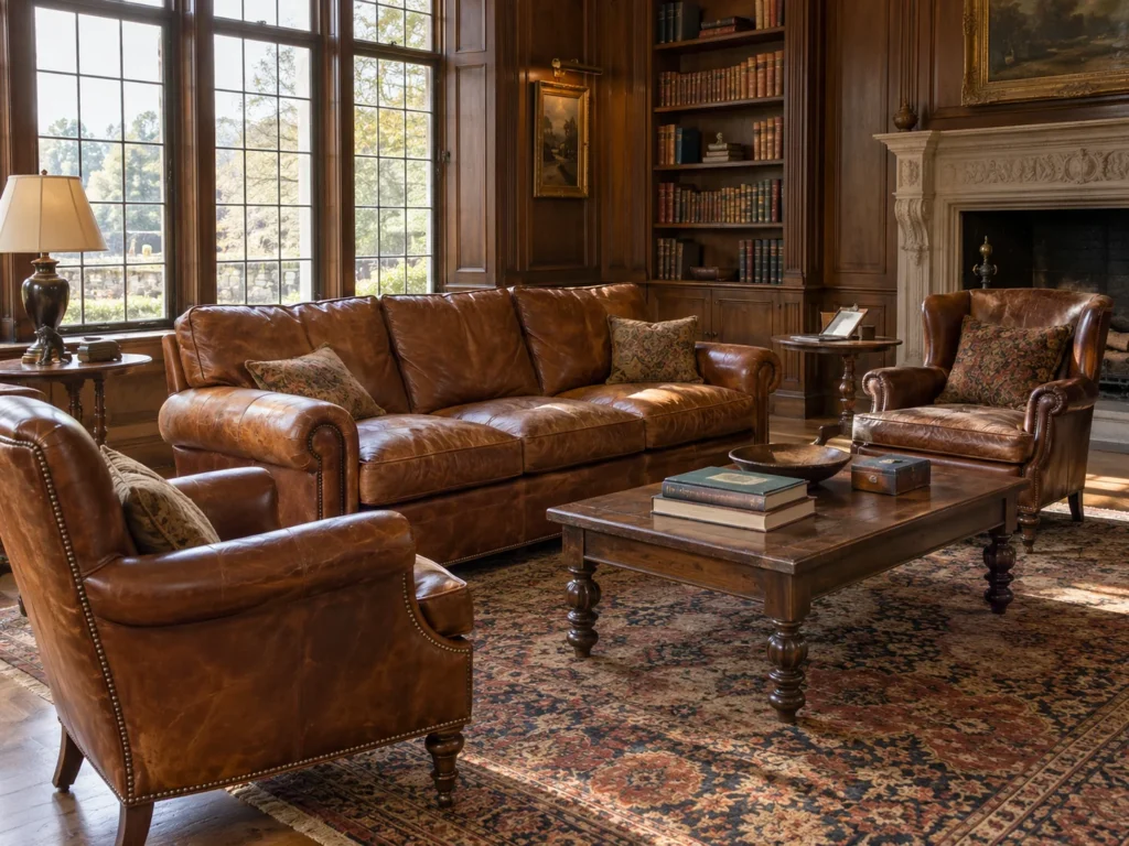 Quiet traditional living room with antique leather furniture