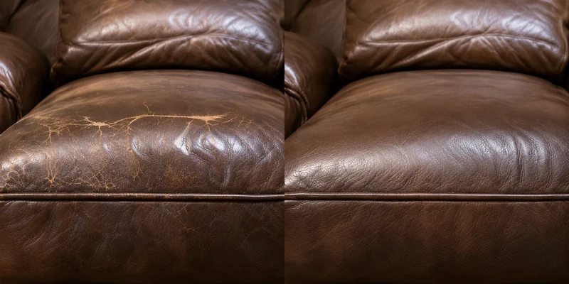 Cracked leather cushion surface before repair