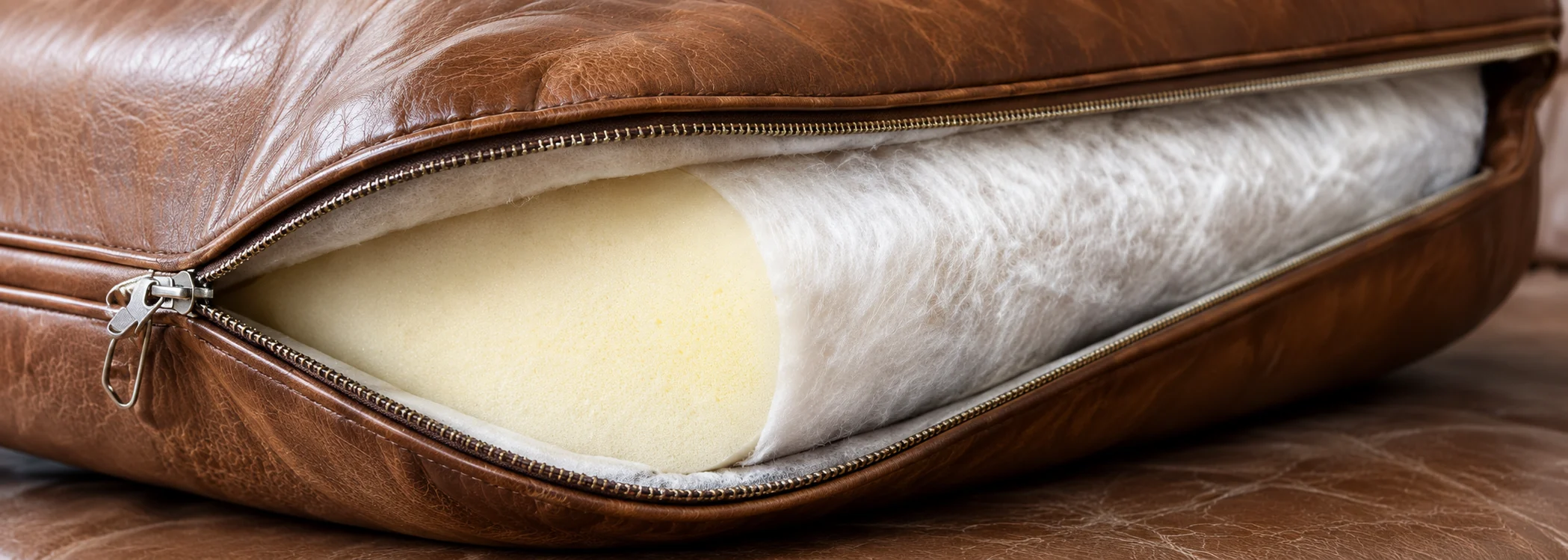 Foam and batting inside an opened leather sofa cushion