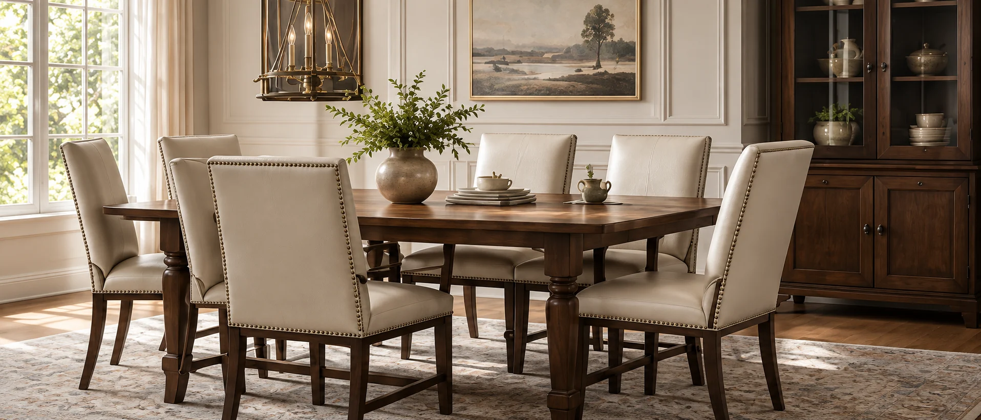 Ethan Allen dining room with leather dining chairs around a wooden table