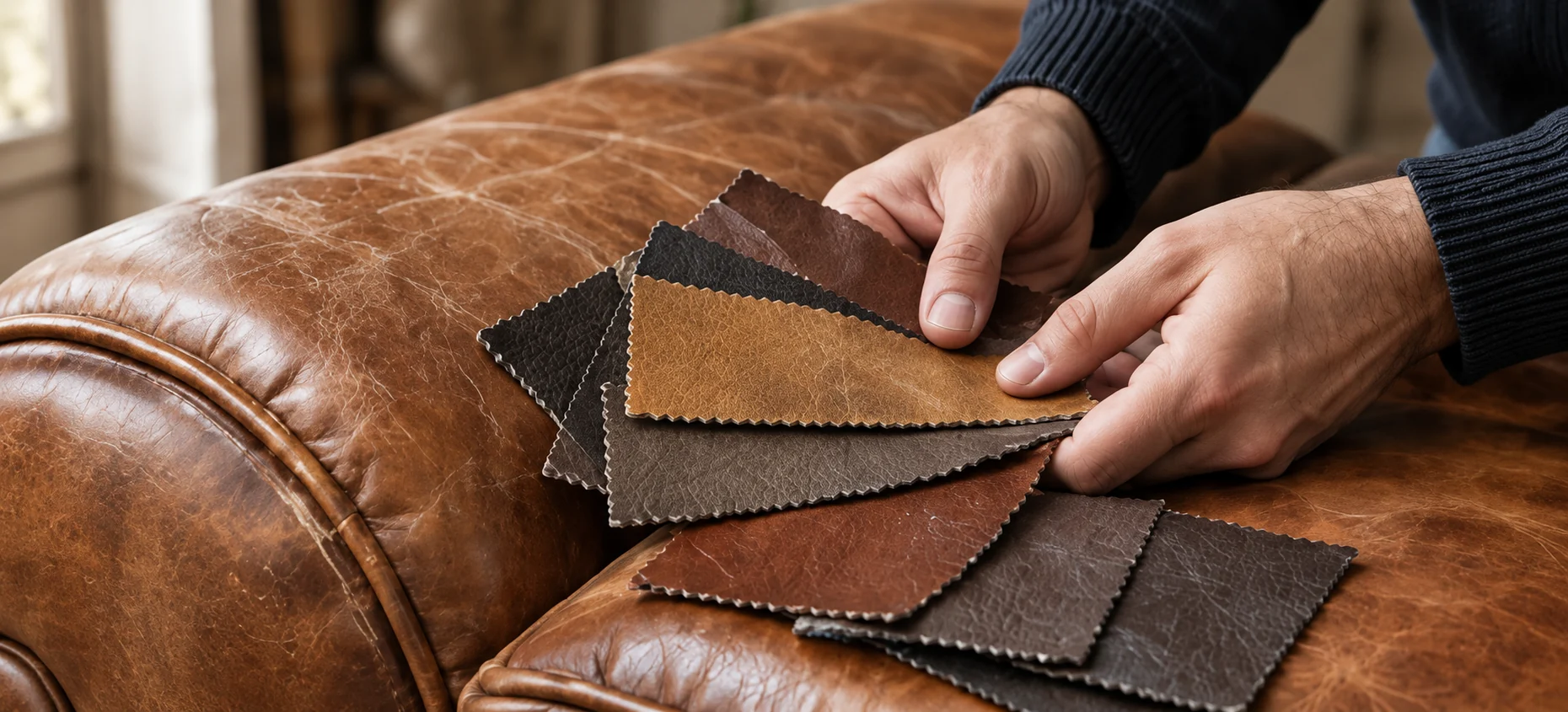 Hands fanning leather color swatches over a sofa arm to match the hide