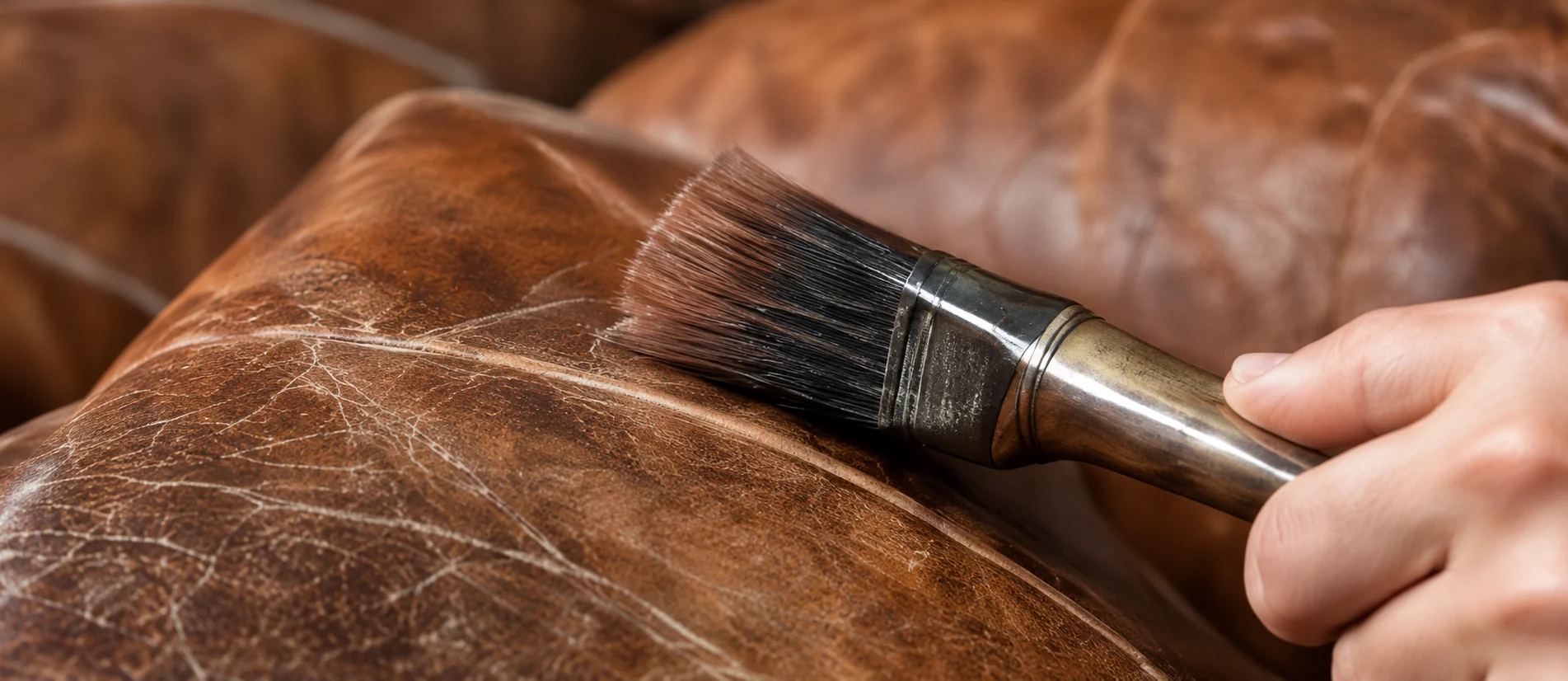 Color restoration evening out a faded leather sofa panel