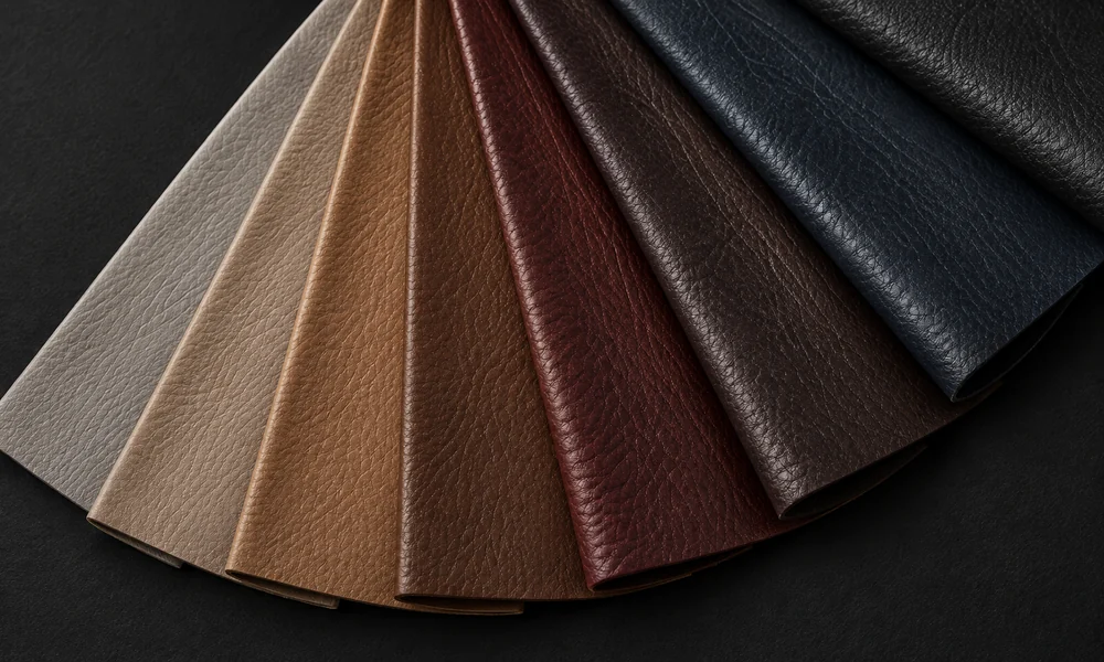 Fan of leather color swatches in browns, tans and black