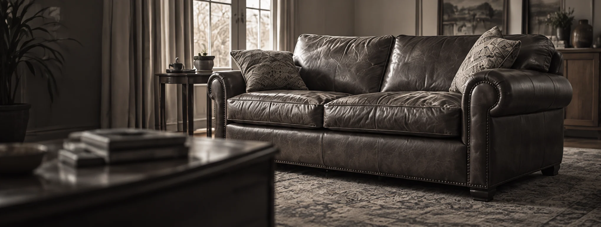 Dark leather sofa in a lamp-lit living room at night