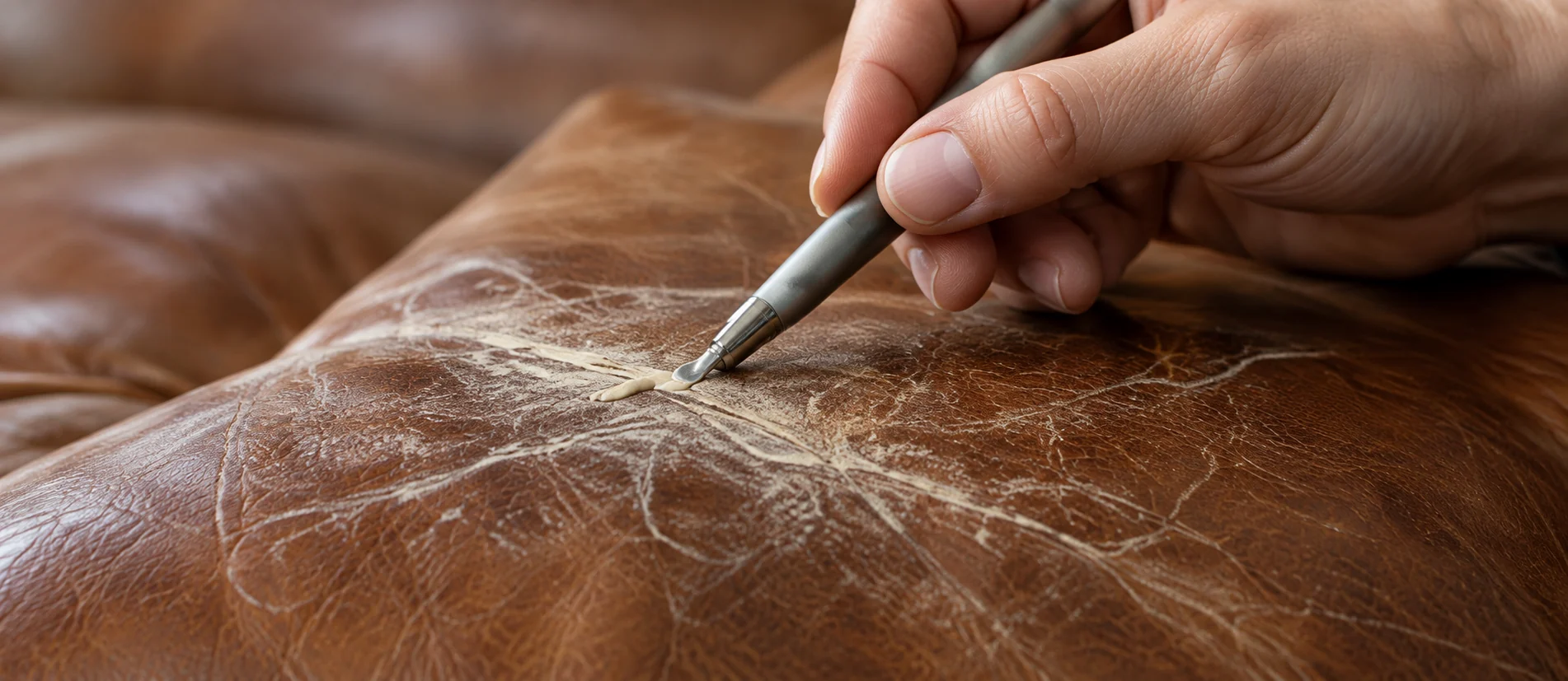 Localized repair to a worn area of a leather sofa seat