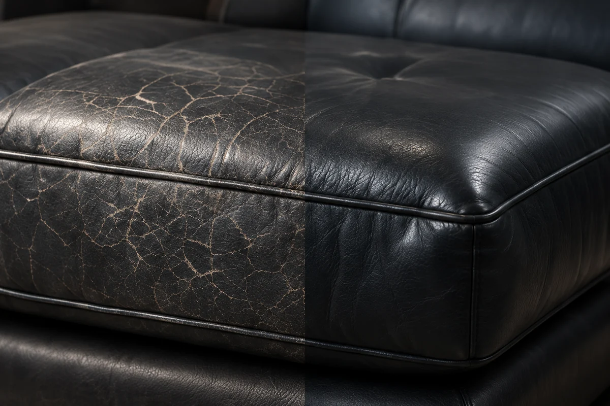 Ethan Allen leather ottoman before repair