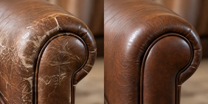 Rolled leather arm before repair, worn along the roll