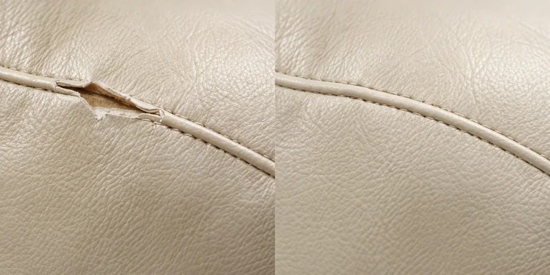 Split seam on a cream leather cushion before repair