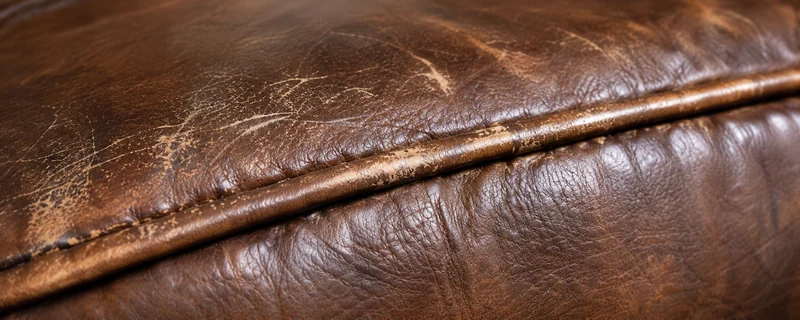Worn piping cord along a leather sofa edge