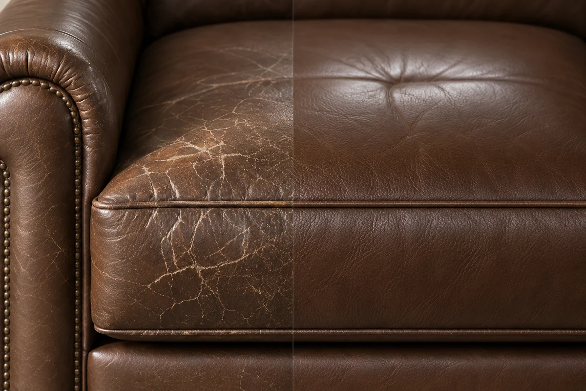 Ethan Allen leather sofa before repair, worn and scuffed