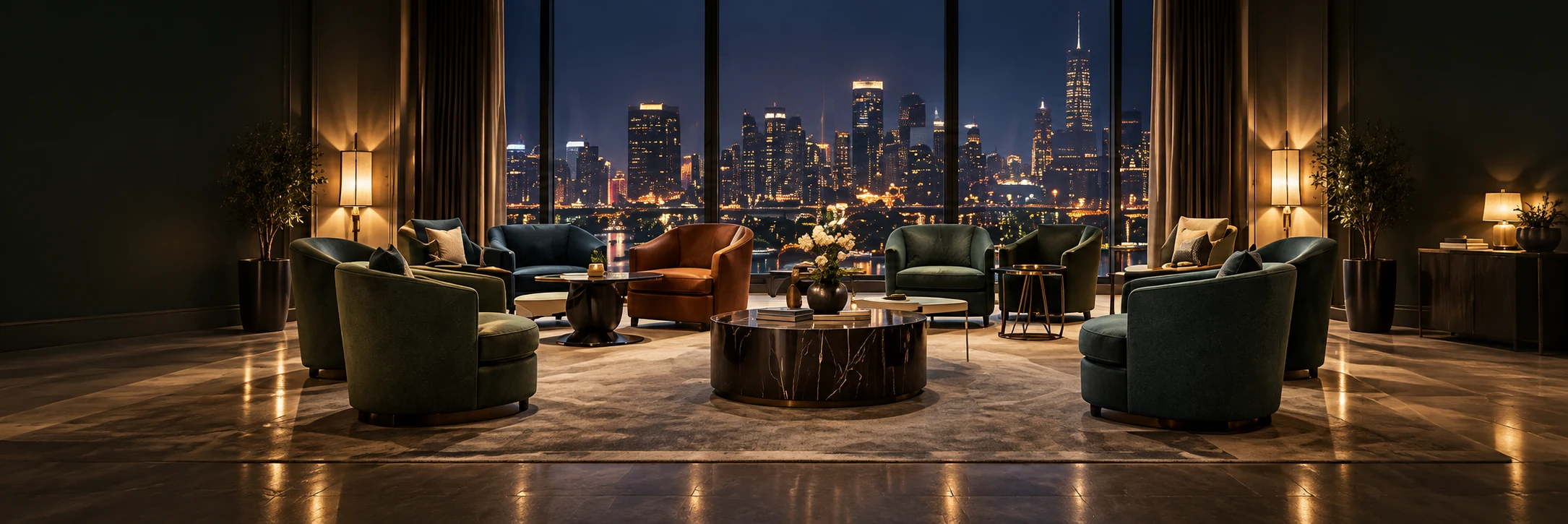 Commercial chair repair NYC: dark green tub chairs in an evening office lounge with a lit Manhattan skyline behind them