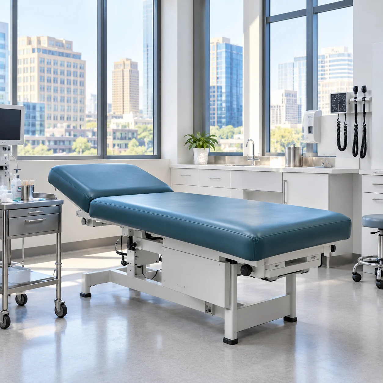 Exam table lying flat in a room with a city window