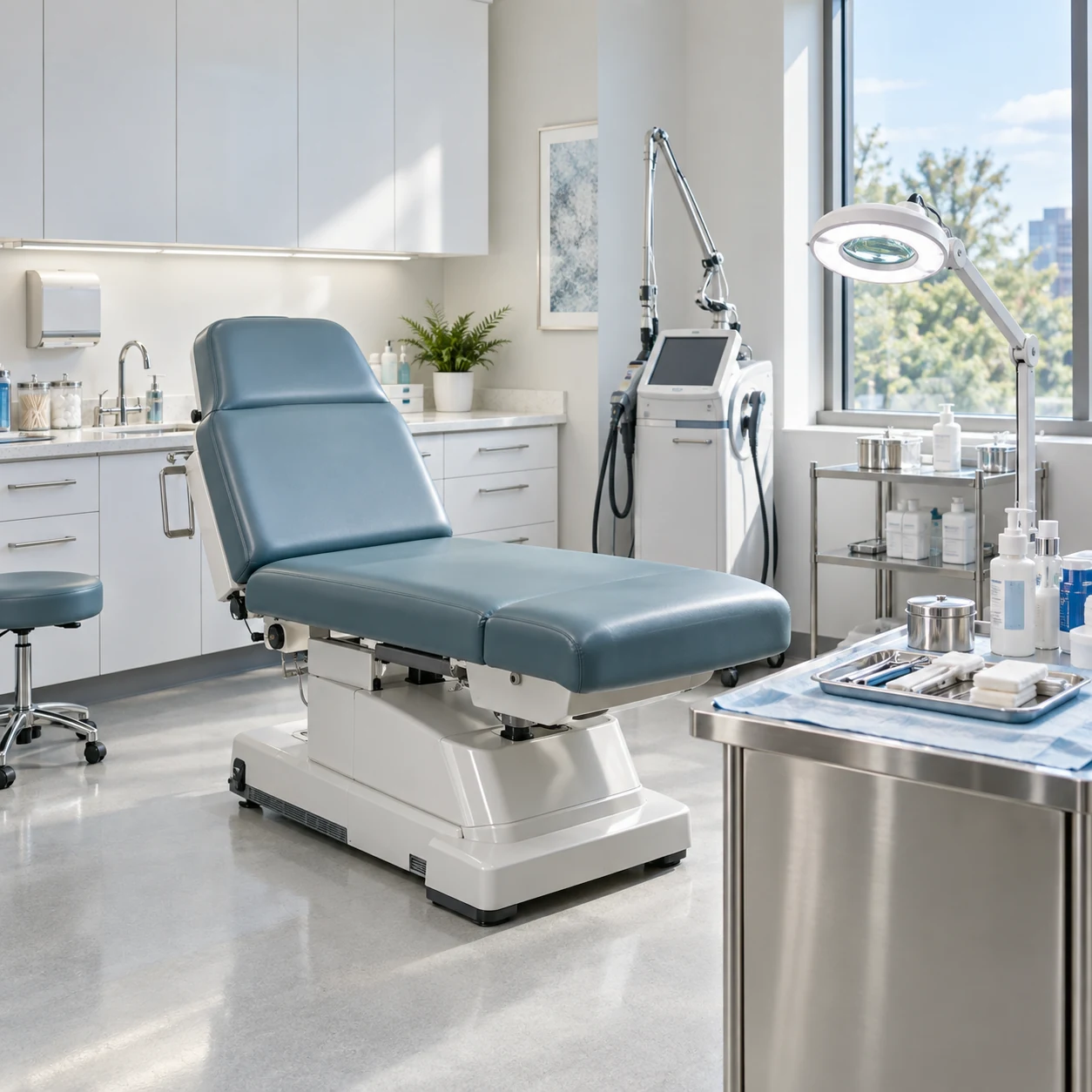 Exam room treatment chair beside its equipment