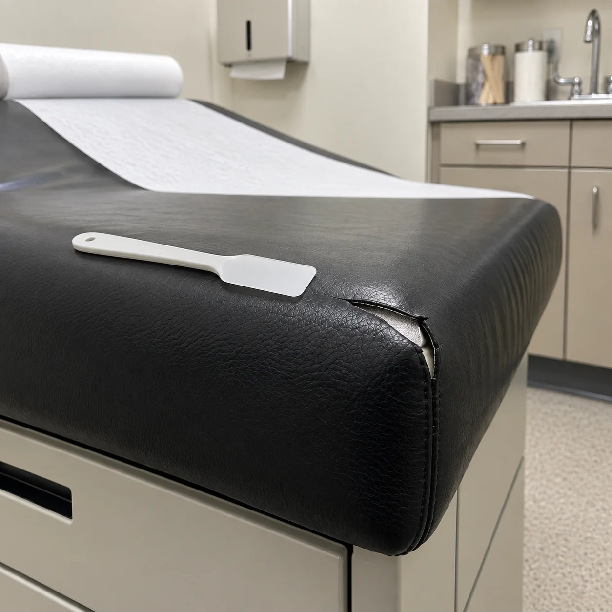The split exam table corner with a flat spatula resting on the pad, prepped for the backing patch