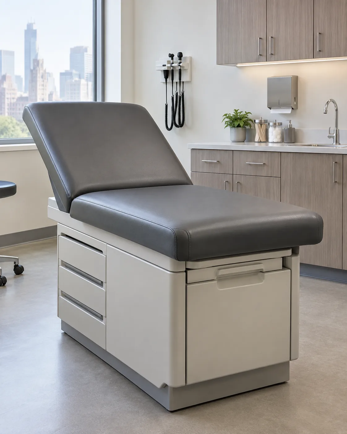 A grey upholstered exam table with a raised back section