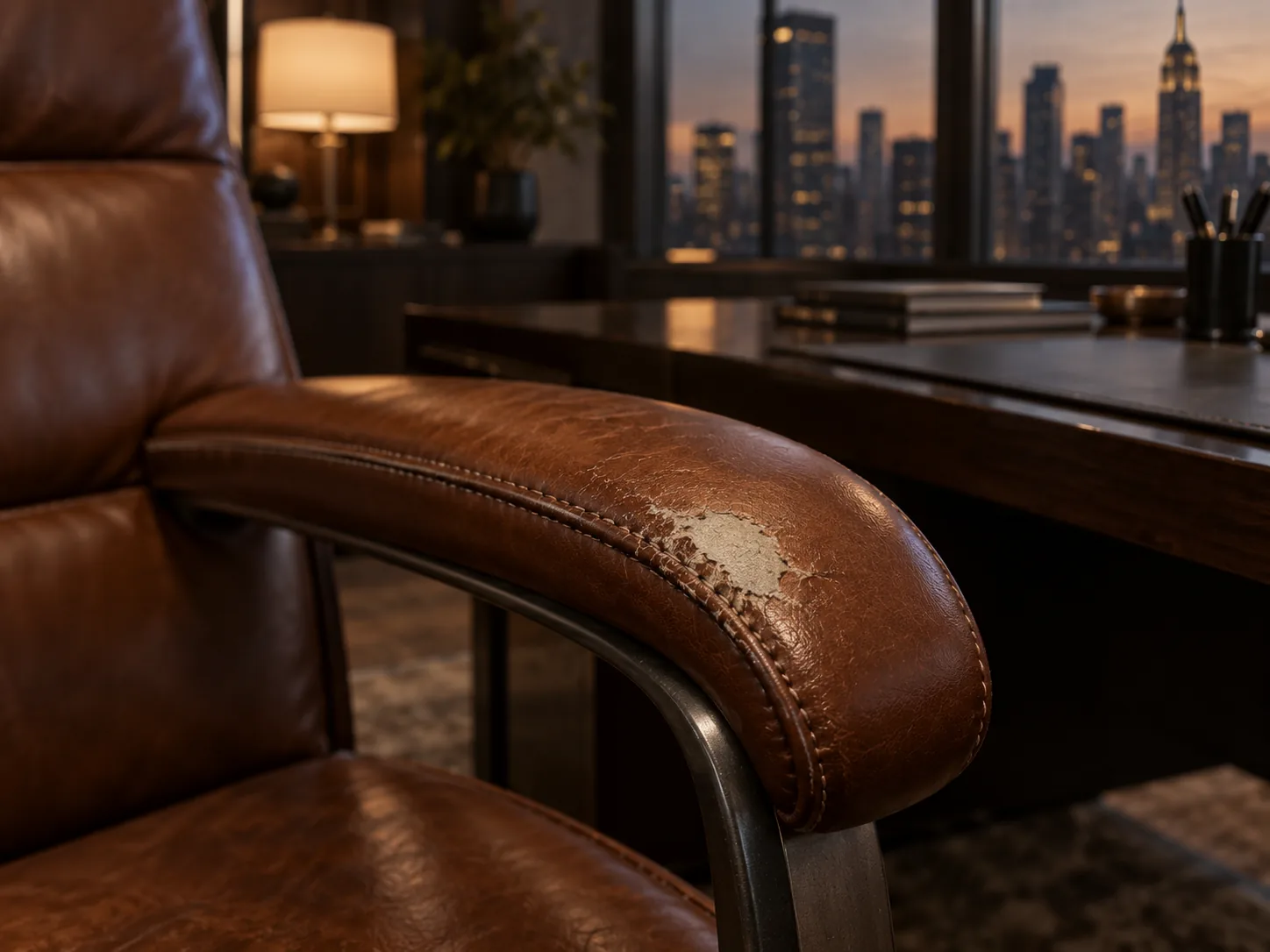 An executive chair arm cap worn through to the pale base color
