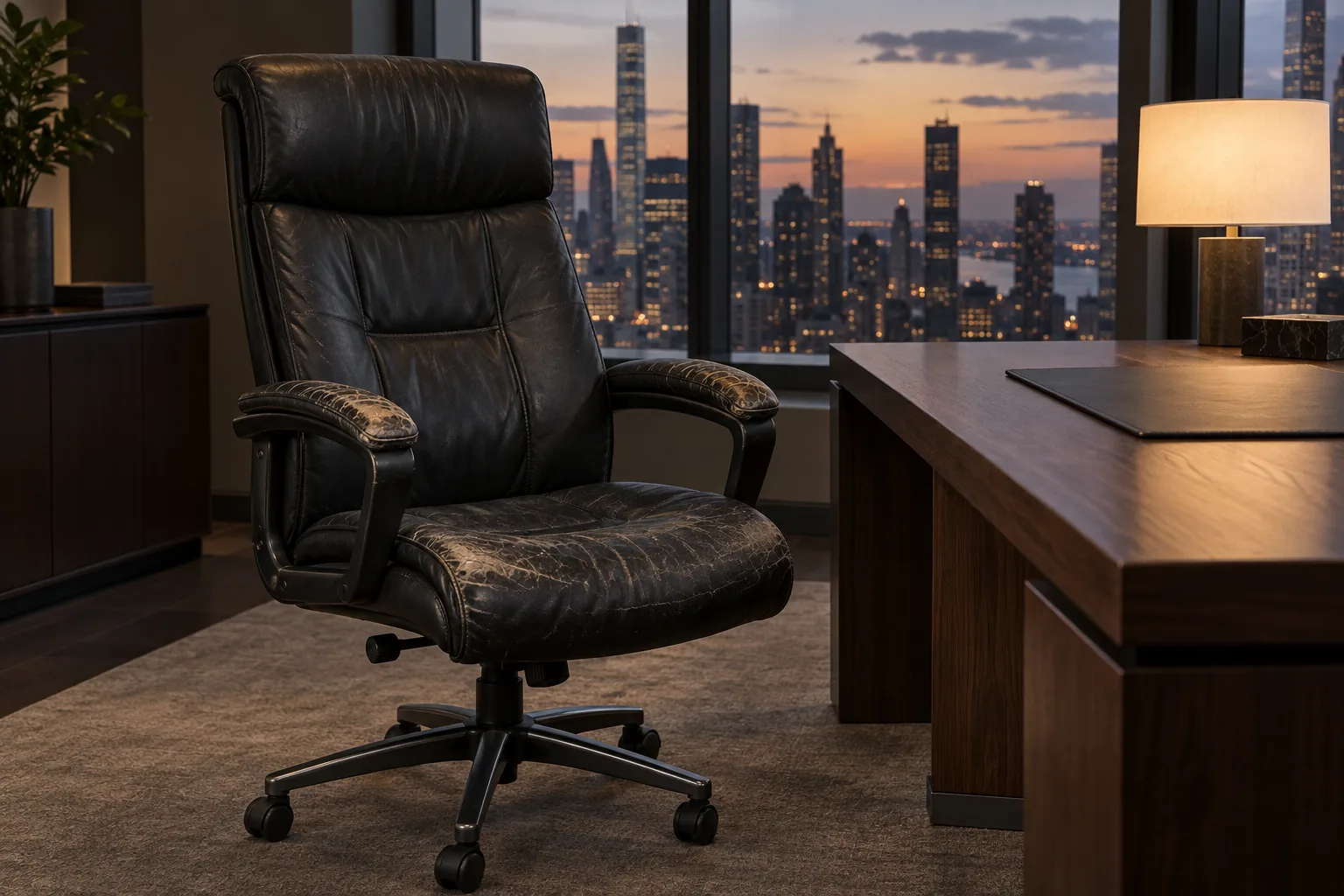 A black leather executive chair before reupholstery, worn and cracked on the arms and seat