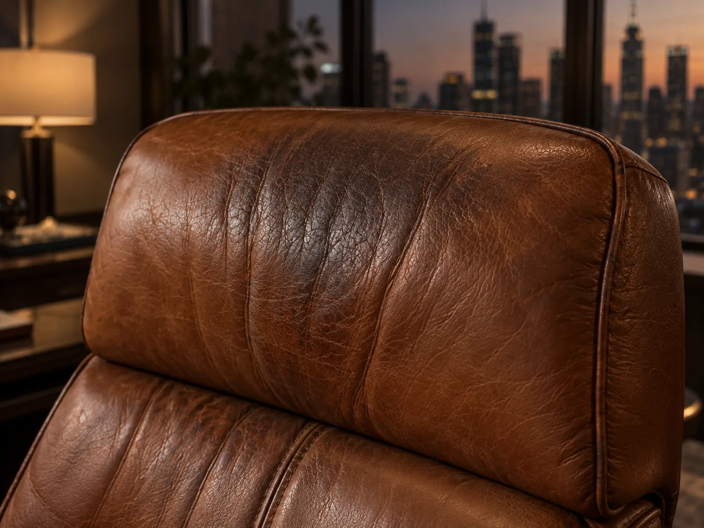 Creased, dulled leather on the headrest of an executive chair