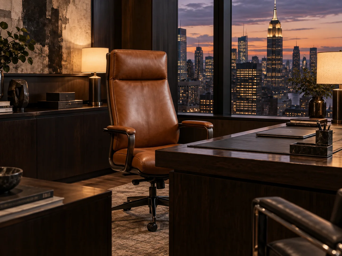 A reupholstered leather executive chair back at its desk