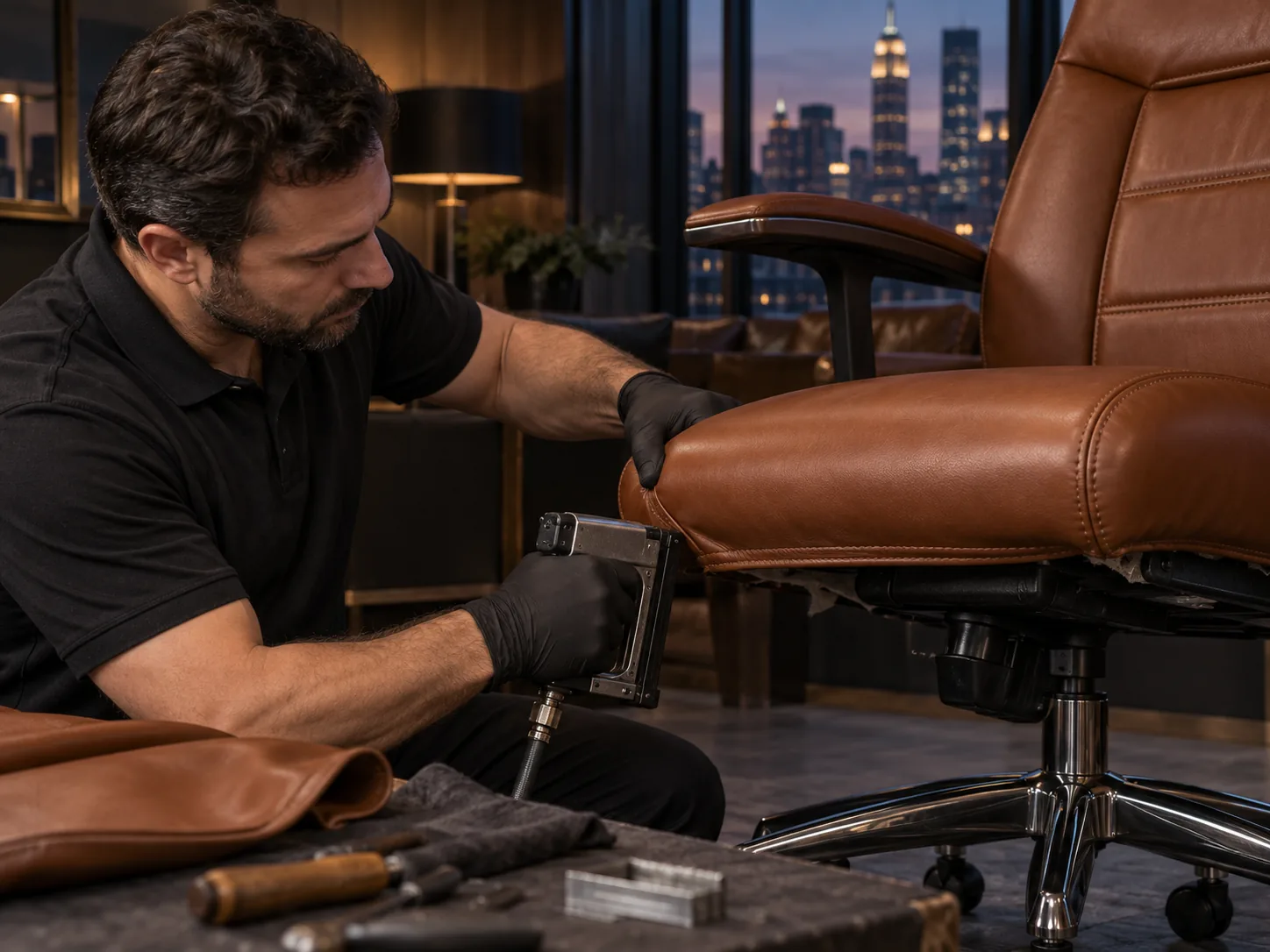 New leather fitted onto an executive chair seat