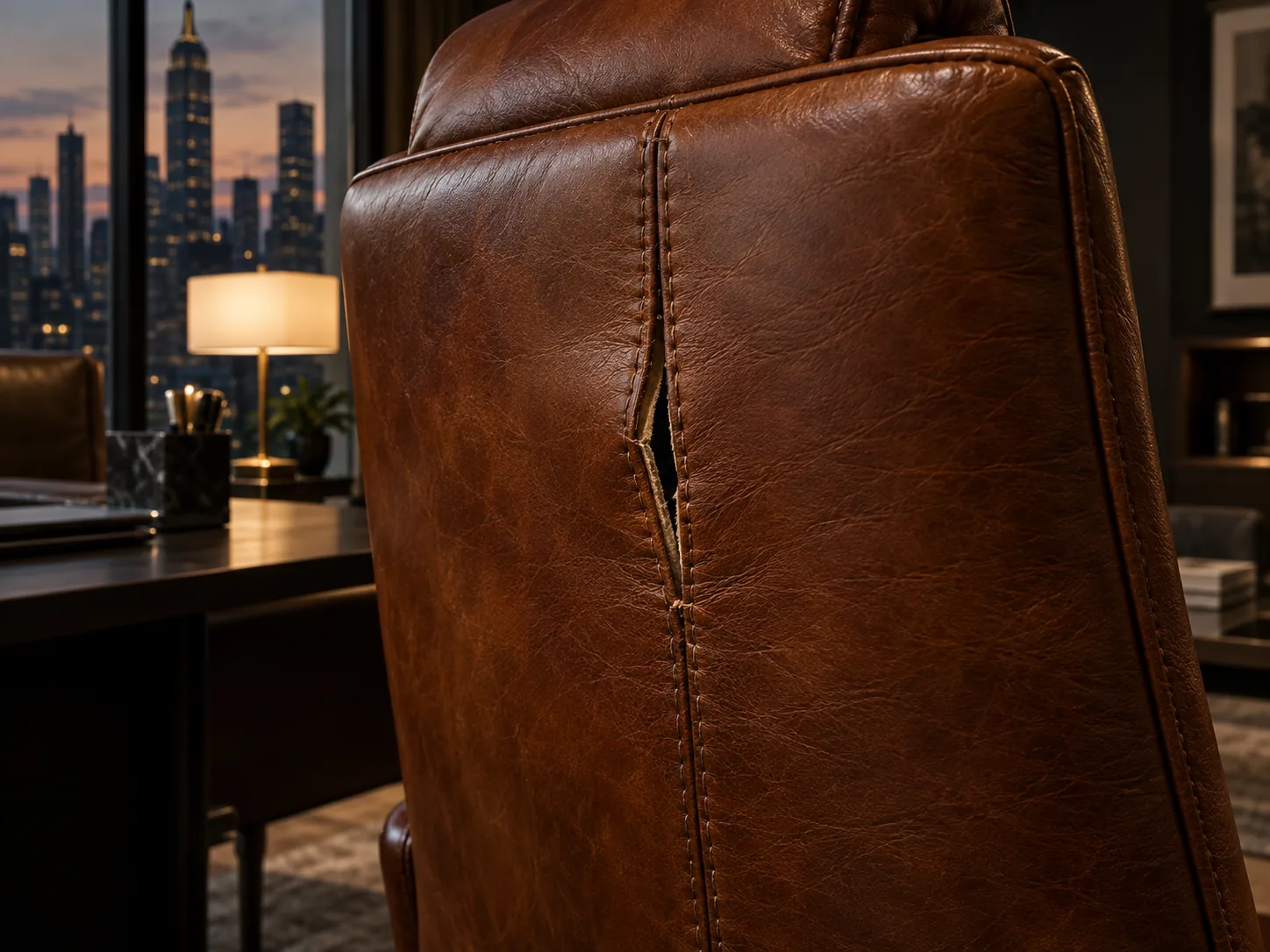 A split seam with pulled stitches on an executive chair back panel
