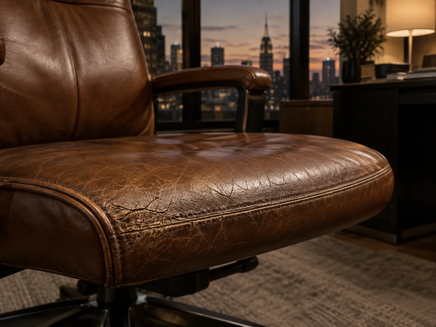 The cracked, flattened front edge of an executive chair seat