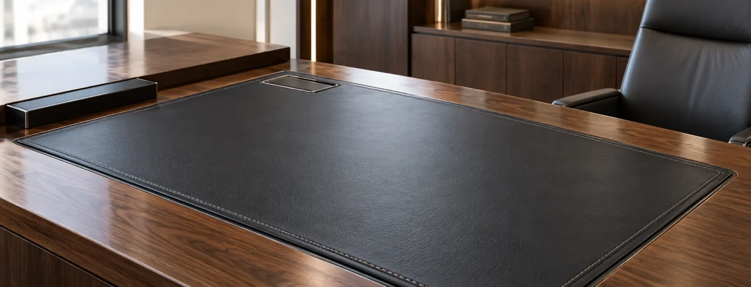 Black leather inlay on a walnut executive desk