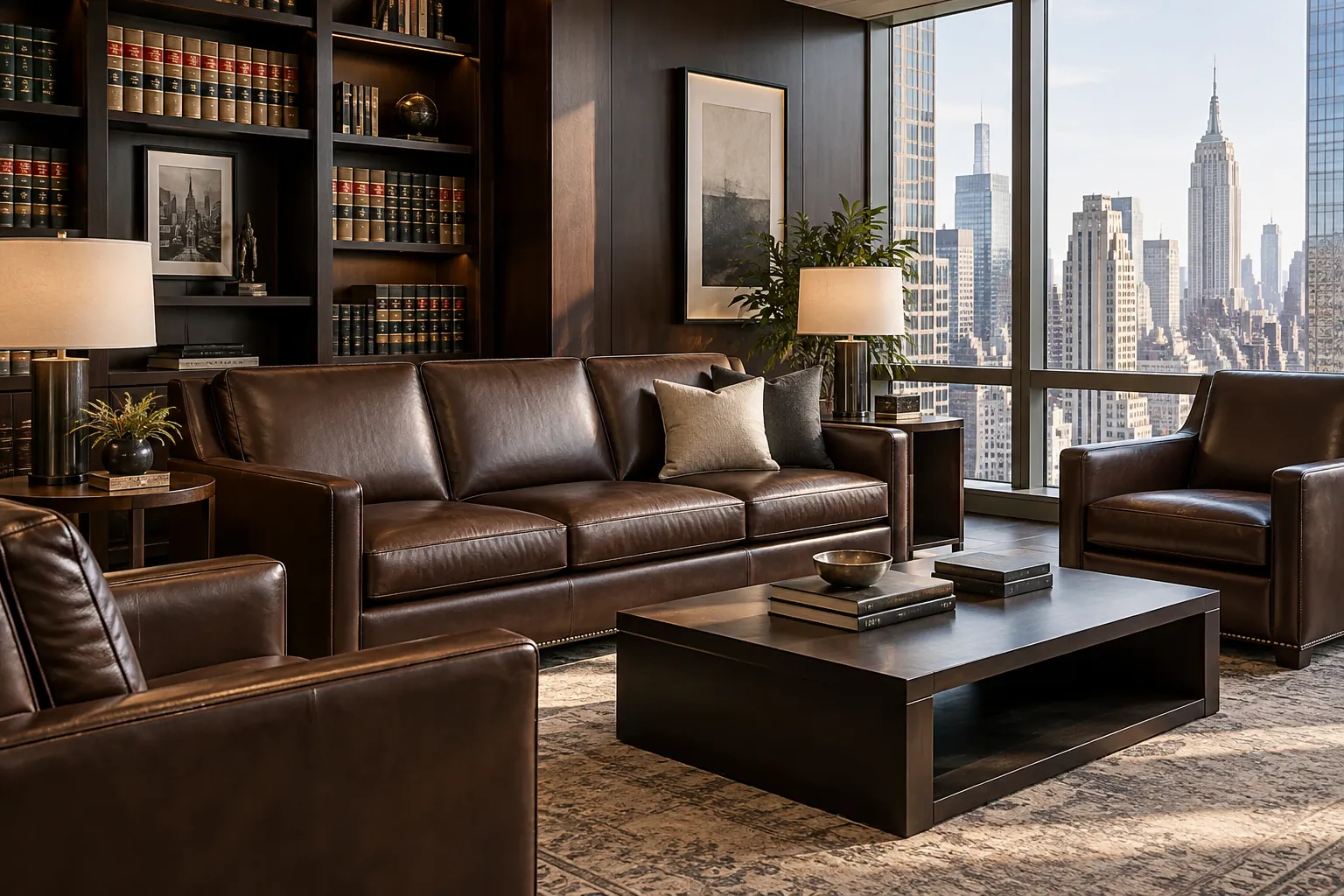 A brown leather sofa in an executive lounge