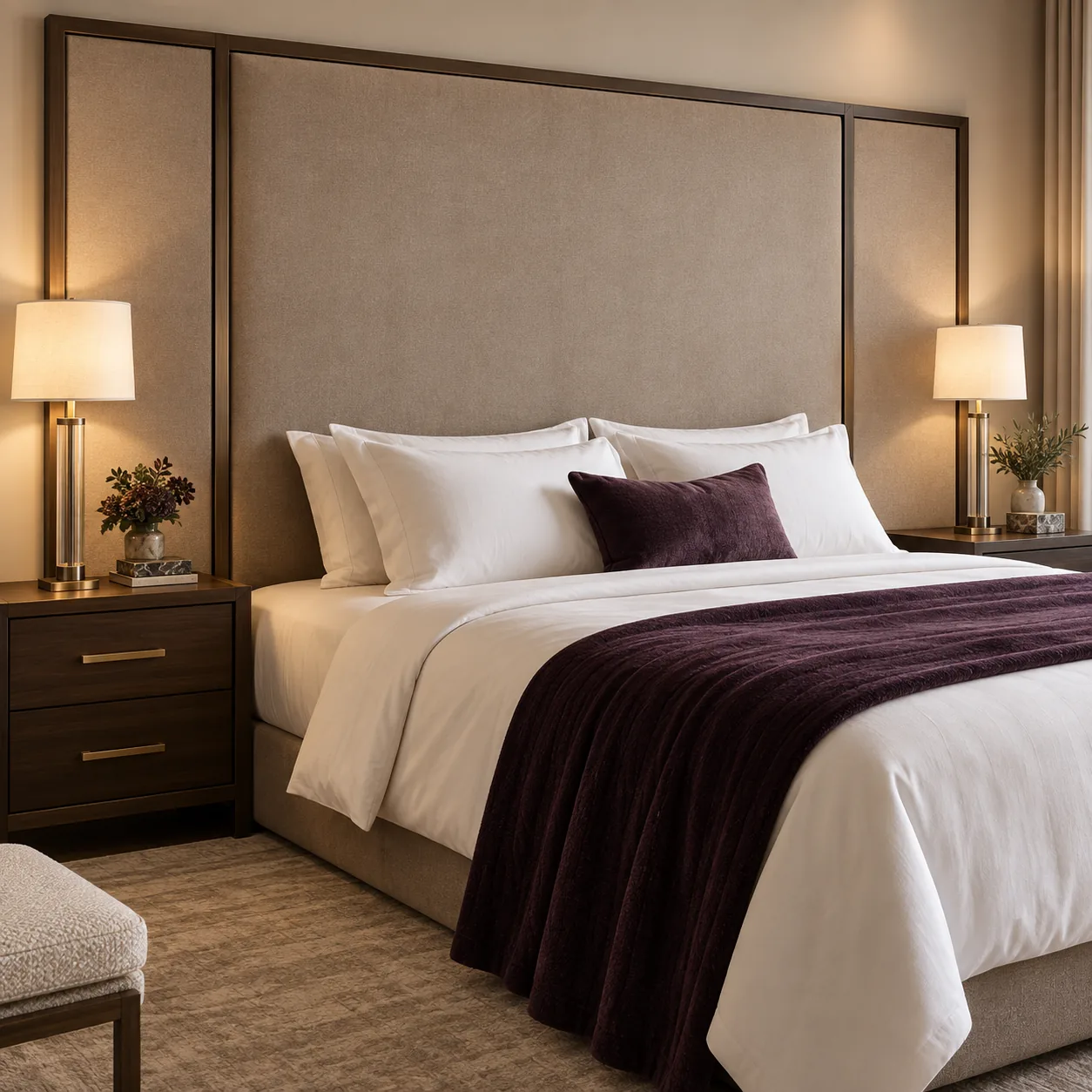 Extra-wide framed panel headboard spanning the wall behind both nightstands